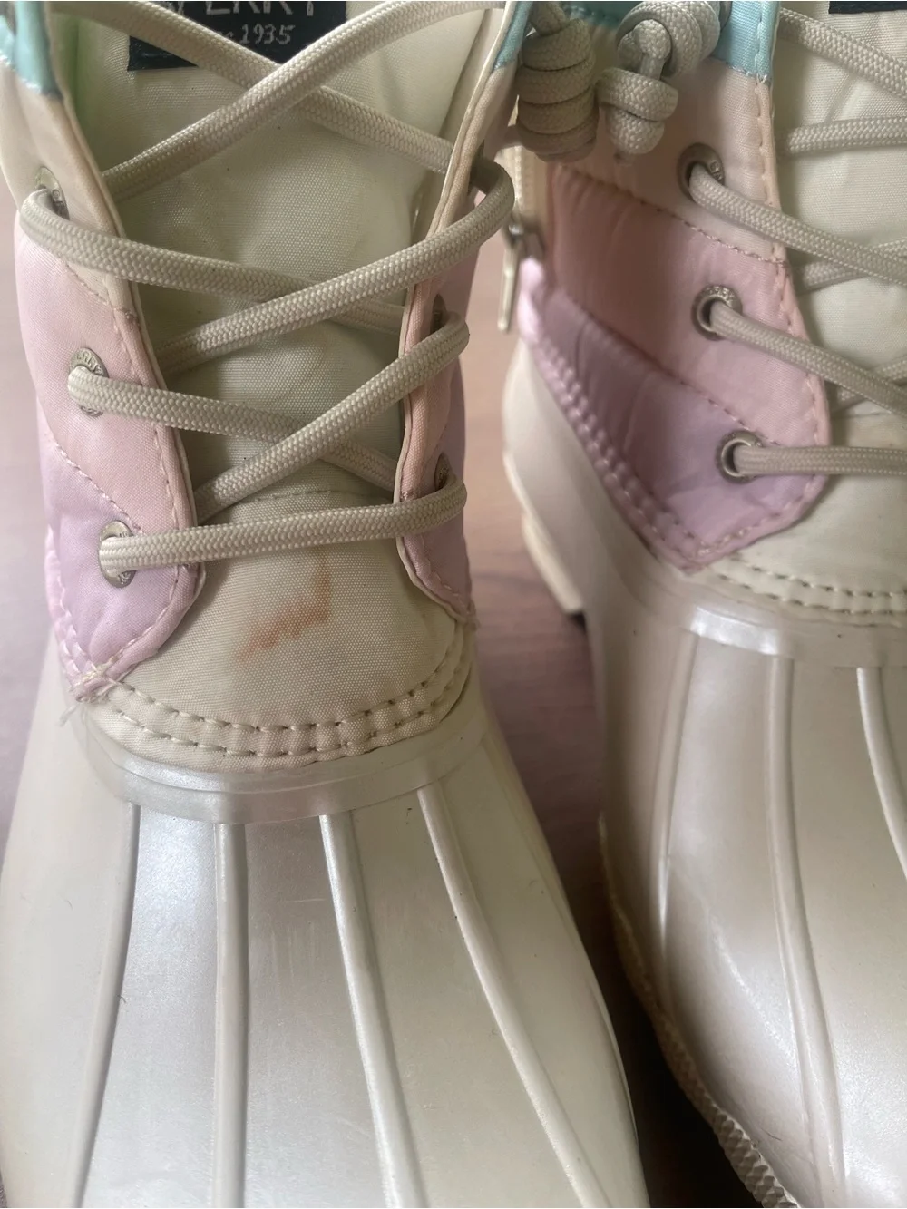 Sperry Kids Cream Duck Boots with Pink & Light Blue Trim